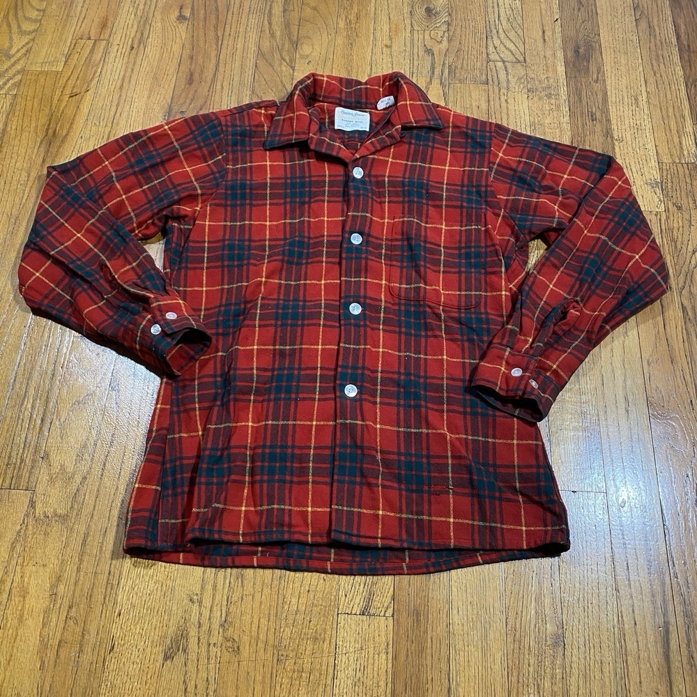 Vintage 50s 60s Golden Arrow Loop Collar Plaid Wool Shirt size Small Red Green